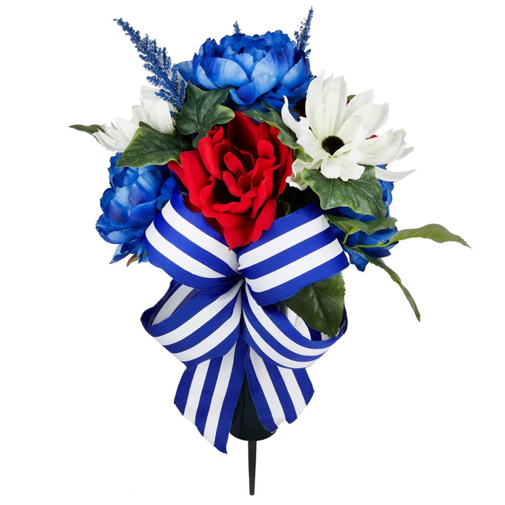 New with Tags Medium Patriotic Red White Blue Artificial Floral Cone Striped Bow